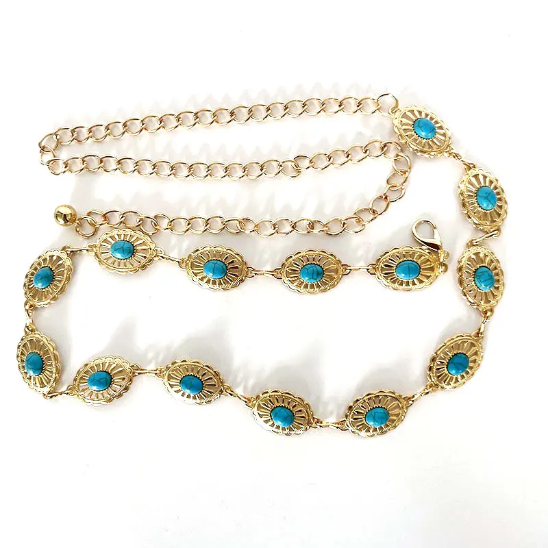 Custom Womens Metal Chain Dress Belt Hollow Out Daisy Sweater Turquoise Belt Decorated Skinny Waist Belt