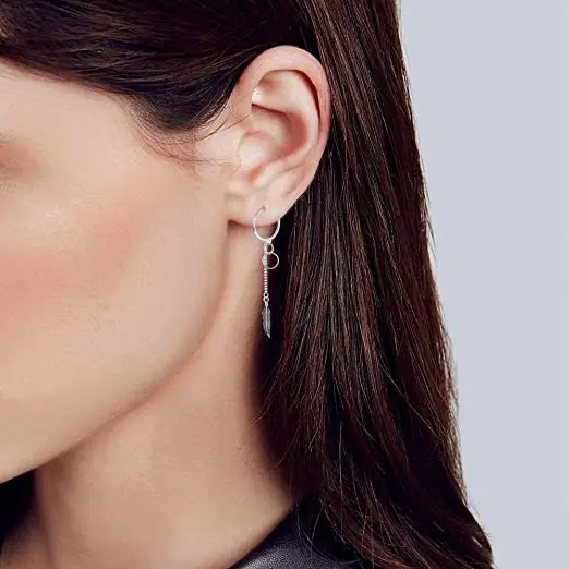 
Long Chain Feather 925 Sterling Silver Hoop Earrings for Women and Men Silver 14K Gold 