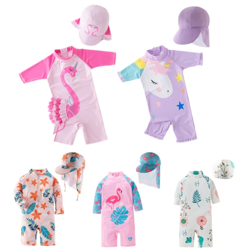 Wholesale Kids Girls Pink Flamingo Swimsuit One Piece Swimwear Baby Girl Long Sleeve Sun Protection Swimsuits