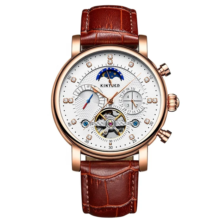 White Dial Skeleton Hammered Moon Phase Mens Watch Perfect Water Resistant Benyar Automatic Watch