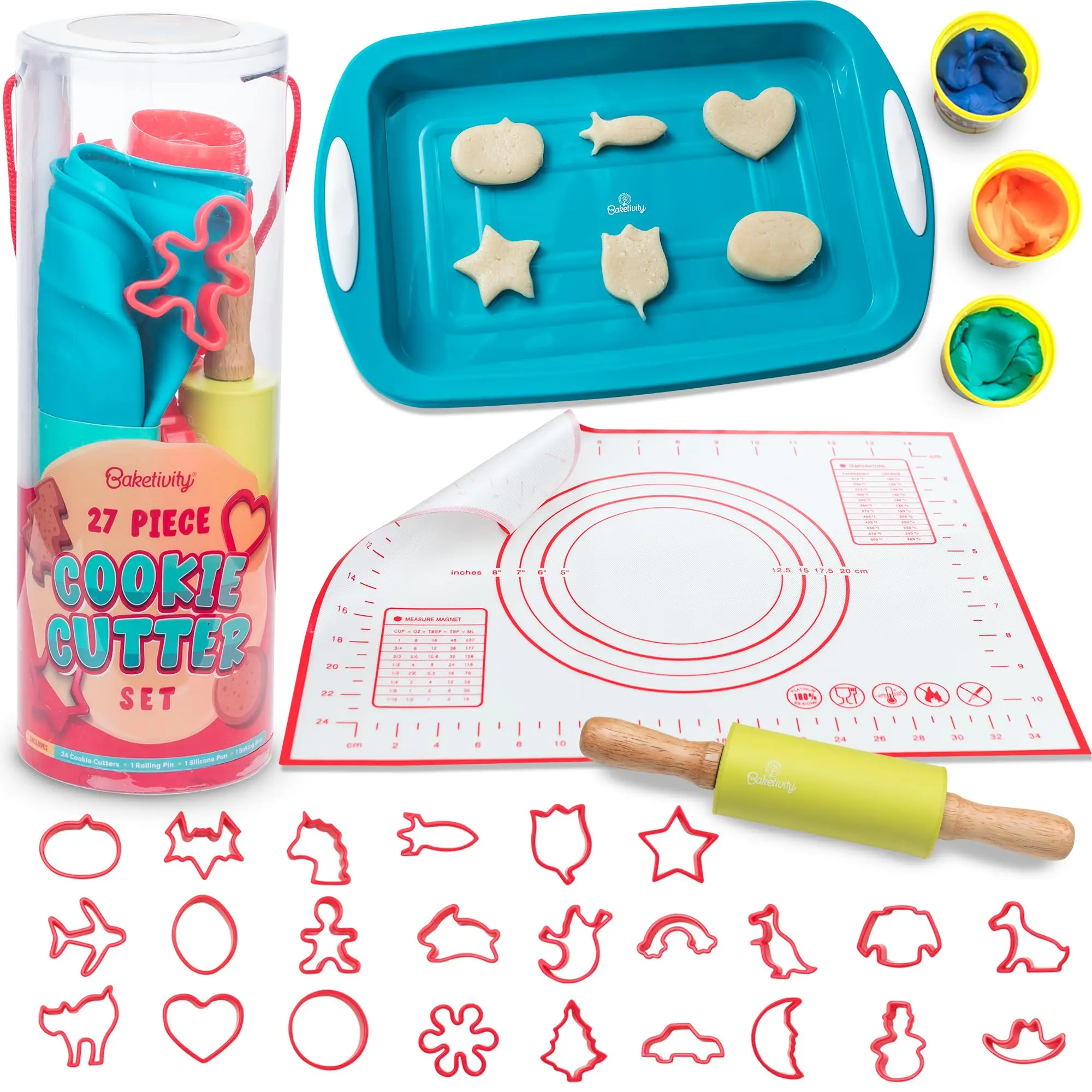2024 New Arrivals Bpa-Free Non-Stick Baking Mat Ilicone Baking Pan Rolling Pin Cookie Baking Cutter Set For Kids