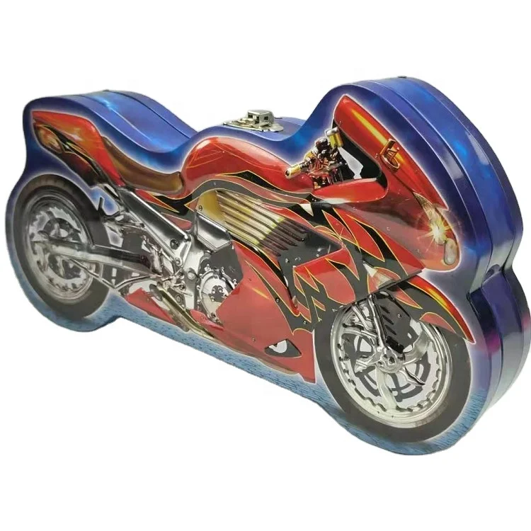 High quality children gift 2 wheels large motorcycle shaped tin box with lock