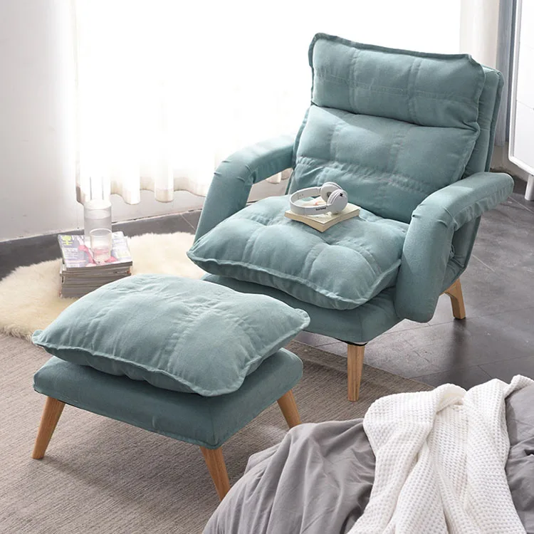 Comfortable lazy fabric sofa multifunctional folding sofa bed solid wood legs reclining lazy sofa chair with footstool