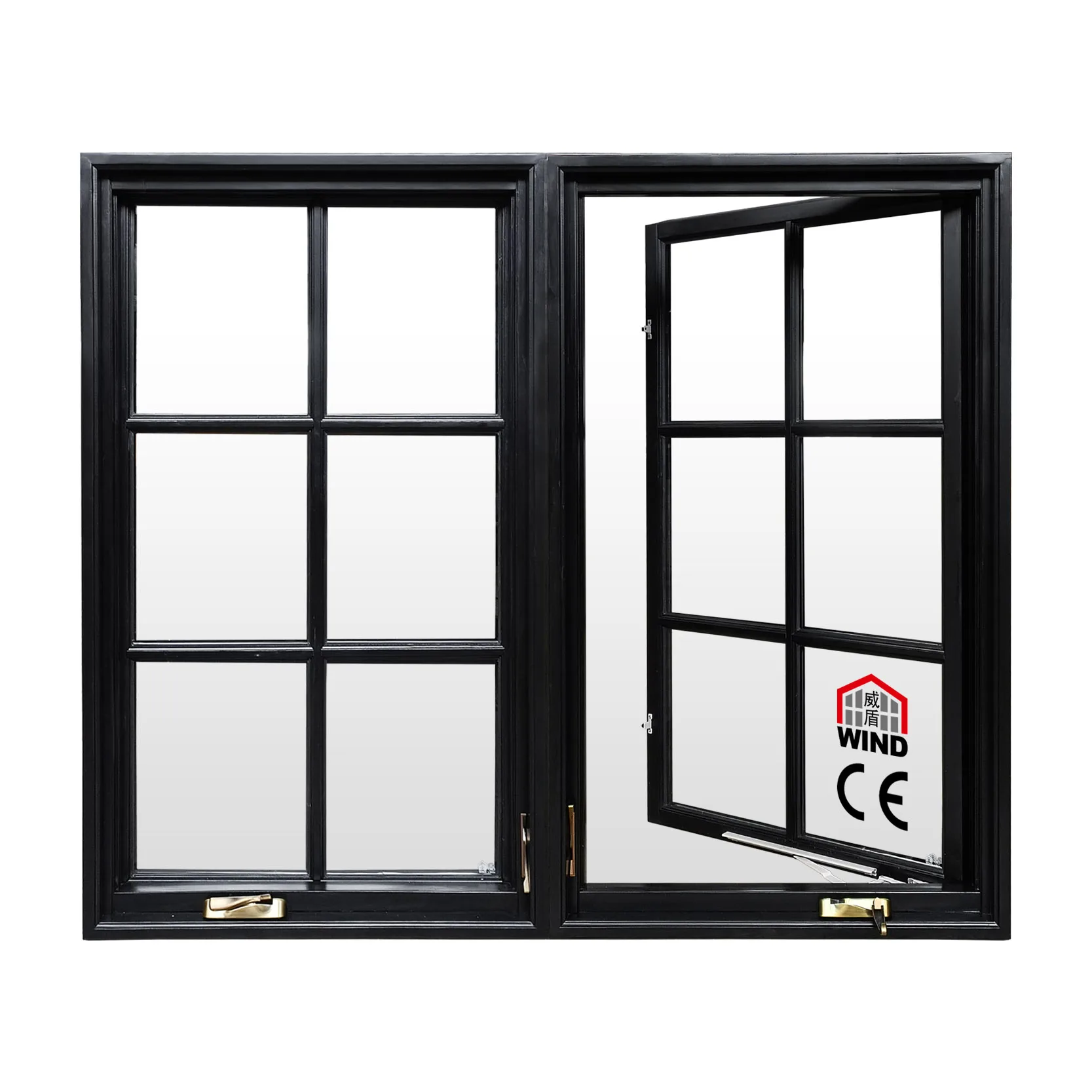 American aluminum SDL GBG lites double glass black wood window grid design aluminum security grille windows crank out casement