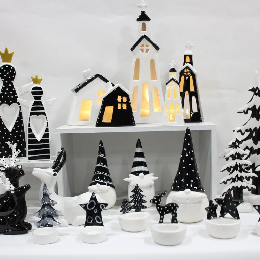 Набор рождественских украшений: Белый дом с фигурами ангелов, керамическая Рождественская елка, белый черный олень