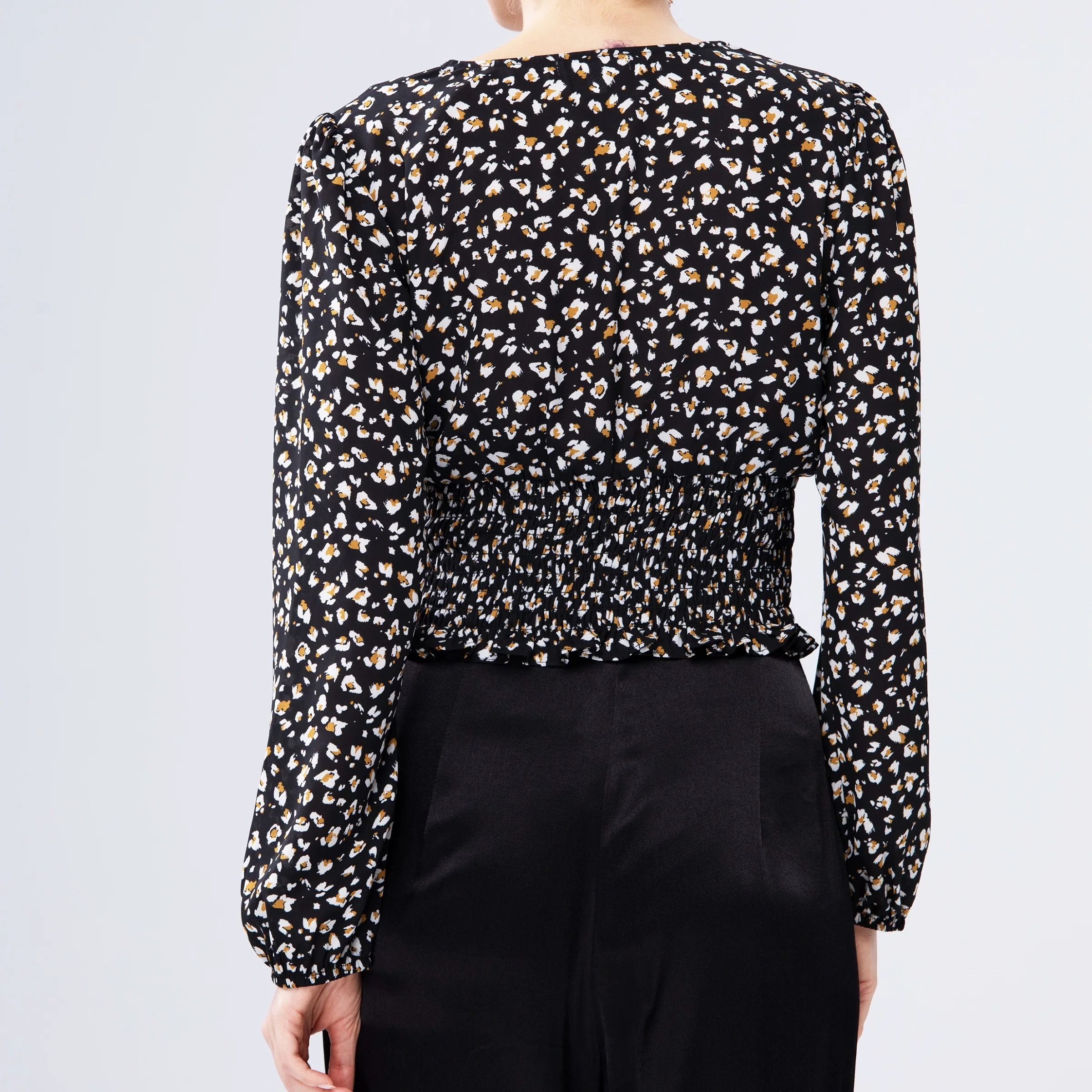 Ladies Spring Black Long Sleeve V Neck Casual Elegant Smocking Womens Cute Shirt Blouses