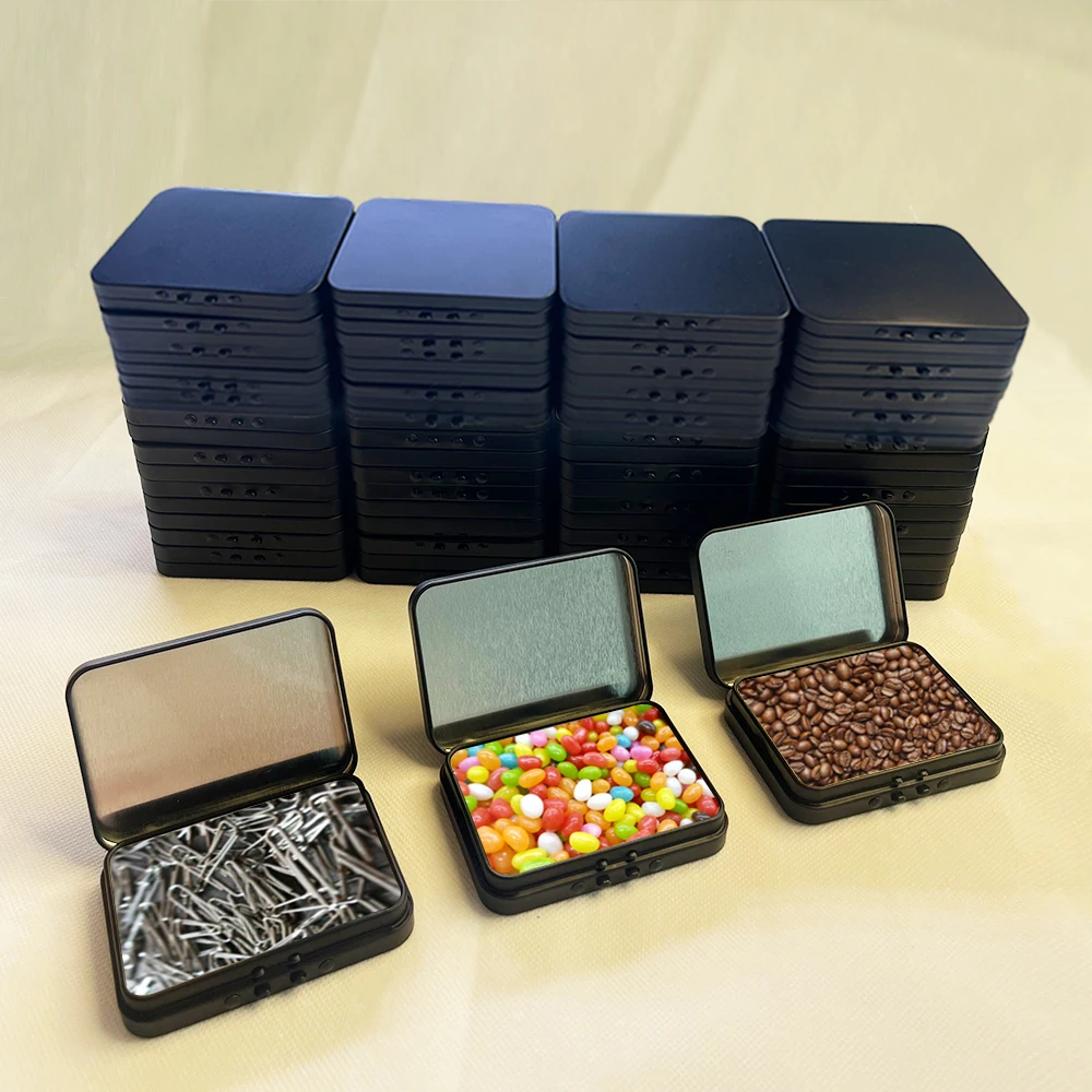 RTS Custom printed small rectangular black hinged lid cigarette/gift/candy/mint packaging storage containers metal tin cans