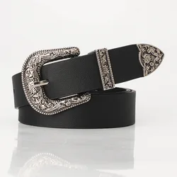 New Carve Pu Pin Buckle Belt Women Fashion Black Silver Buckle Thin Belts Female Jeans Dress Waistband Brand Design 2022