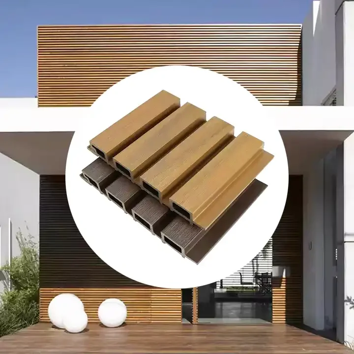 Wood plastic composite exterior wall cladding fluted house siding wood grain wpc pvc facade co-extrusion wall panel