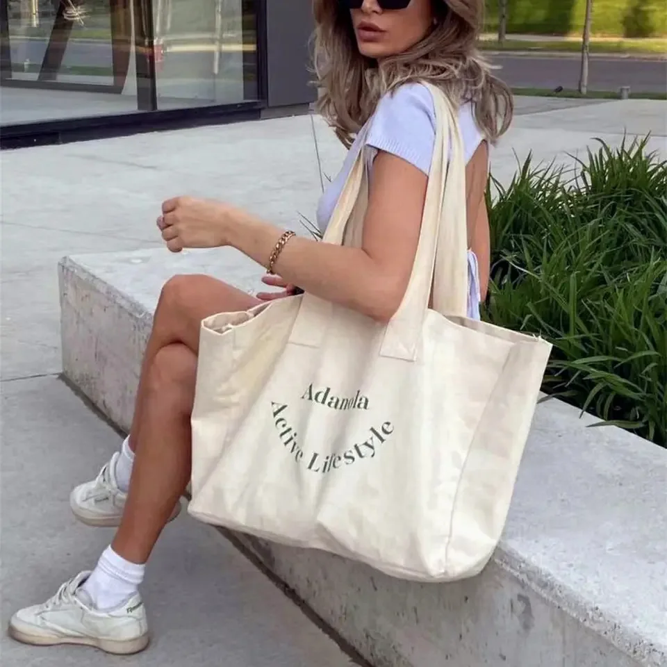 Lifestyle Large Eco Travel Beach Totebag Designer Custom Logo Printed Washable Cloth Blank Tote Cotton Shopping Canvas Bag