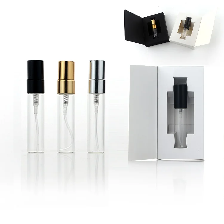 2ml 3ml 5ml 10ml Mini portable Perfume Bottles clear Thin Refillable screw sprayer With Aluminum lid paper Box