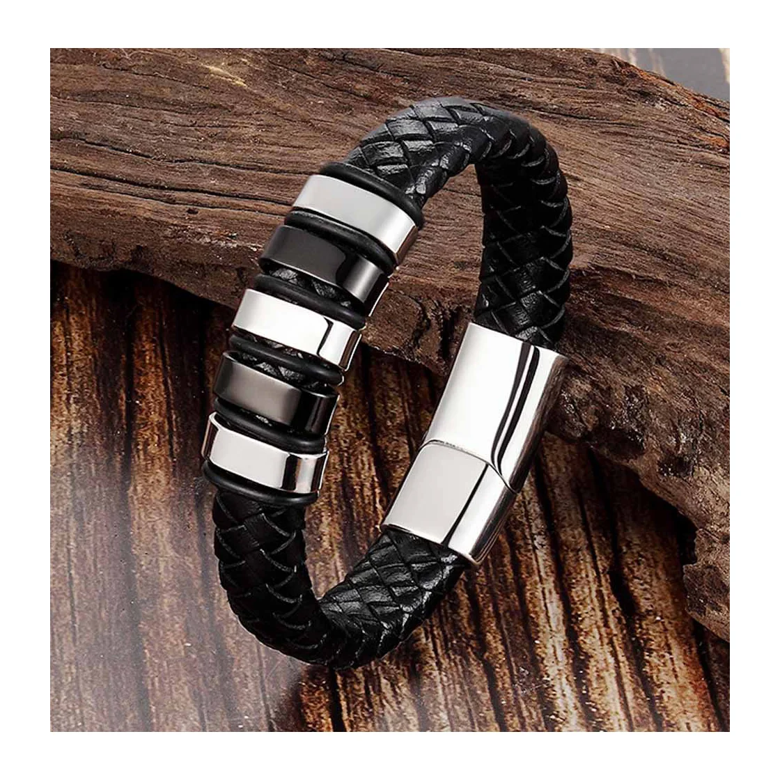 Valentines Gift Fashion Bracelets Men Handmade Braided Strap Multi Wrap Genuine Leather Bracelet Stainless Steel Magnetic Clasp