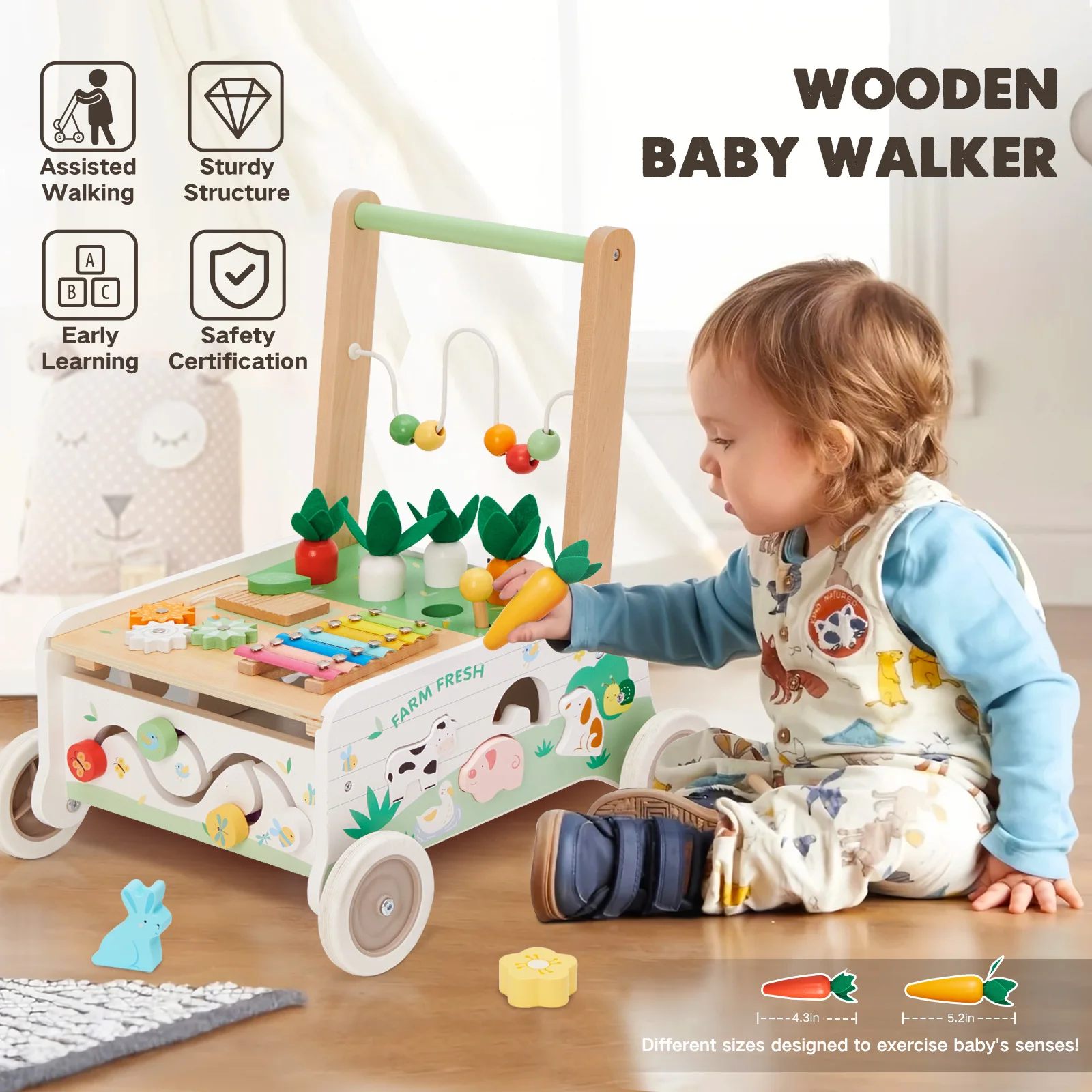 Anti-Rollover Puzzle Shape Paired Toy Wooden Baby Walker Multi-Functional Farm Toddler Stroller For Children