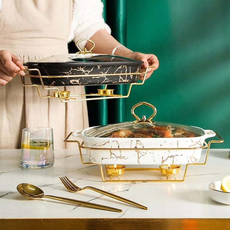 Unique marbled gold pattern kitchenware nonstick ceramic soup pot set tableware with handle and candle holder