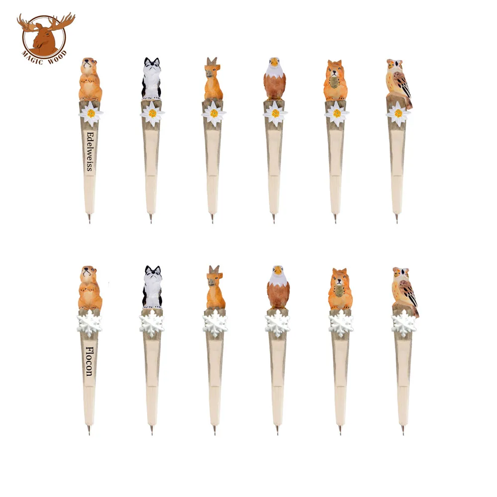 
wooden pen hand made carved animal pen wholesale wood carving handicraft gift creative stationery with flocon and Edelweiss 