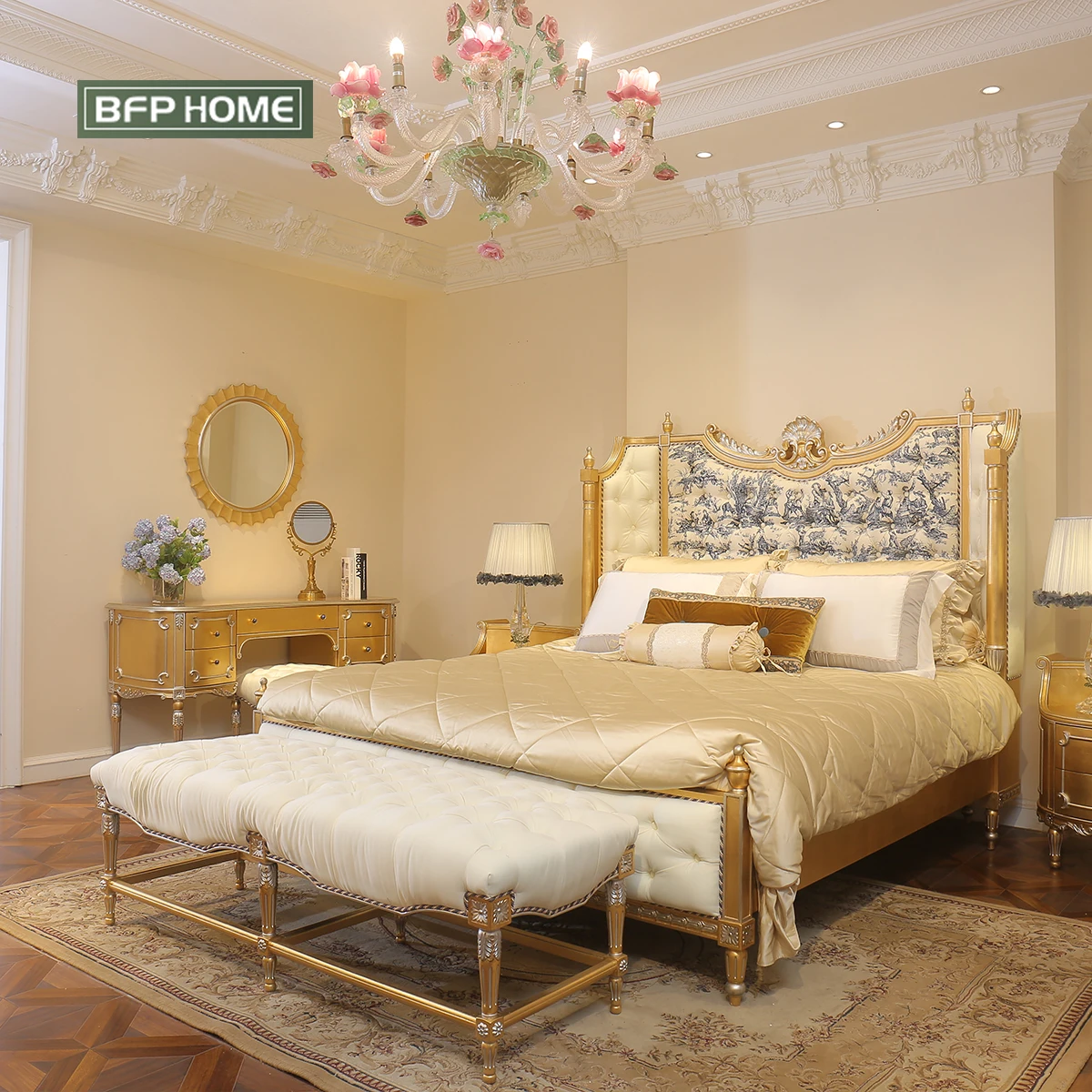 BFP Home Traditional French Style Luxury Elegant Classical Design Bed Solid Wood Frame High End Bedroom Furniture Set
