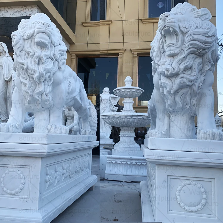 European Style Modern Outdoor Landscape Decoration Stone Lion Statue High End Custom Carved White Pair Of Marble Lion Sculpture