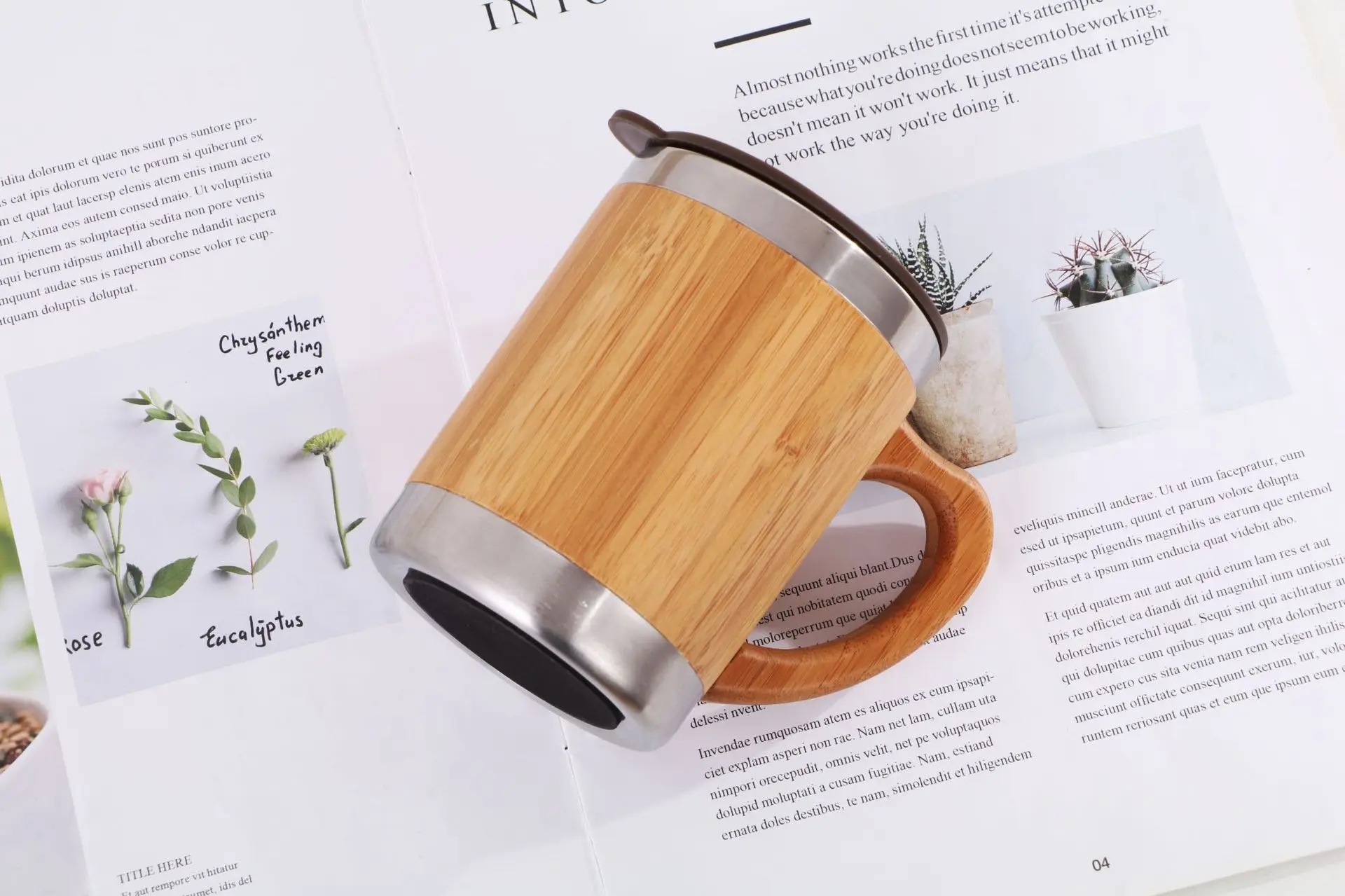 Watersy New Arrival 350ml coffee 304 stainless steel inner and bamboo surface external heat press travel mug sublimation