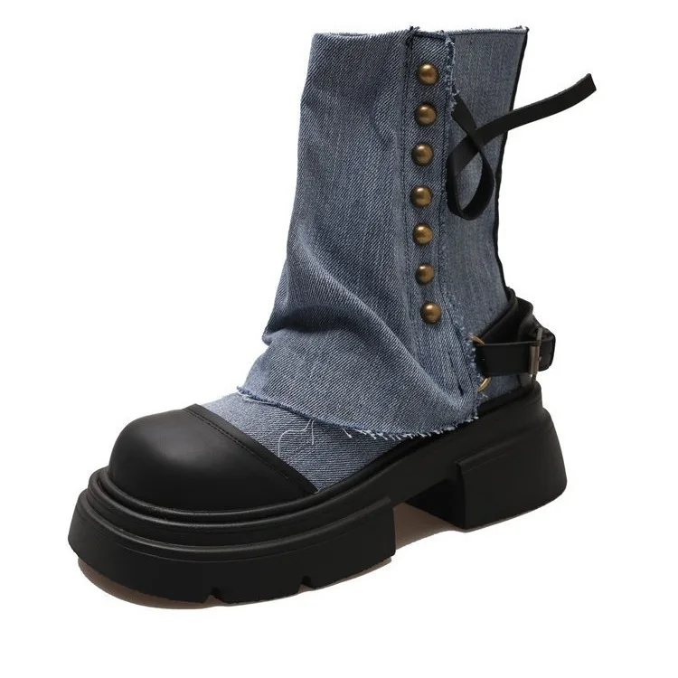 winter boots for women Fashion Anti-Slip Pu Upper Warm Black Botas De Mujer jelly shoes new round toe chunky heel leather boots