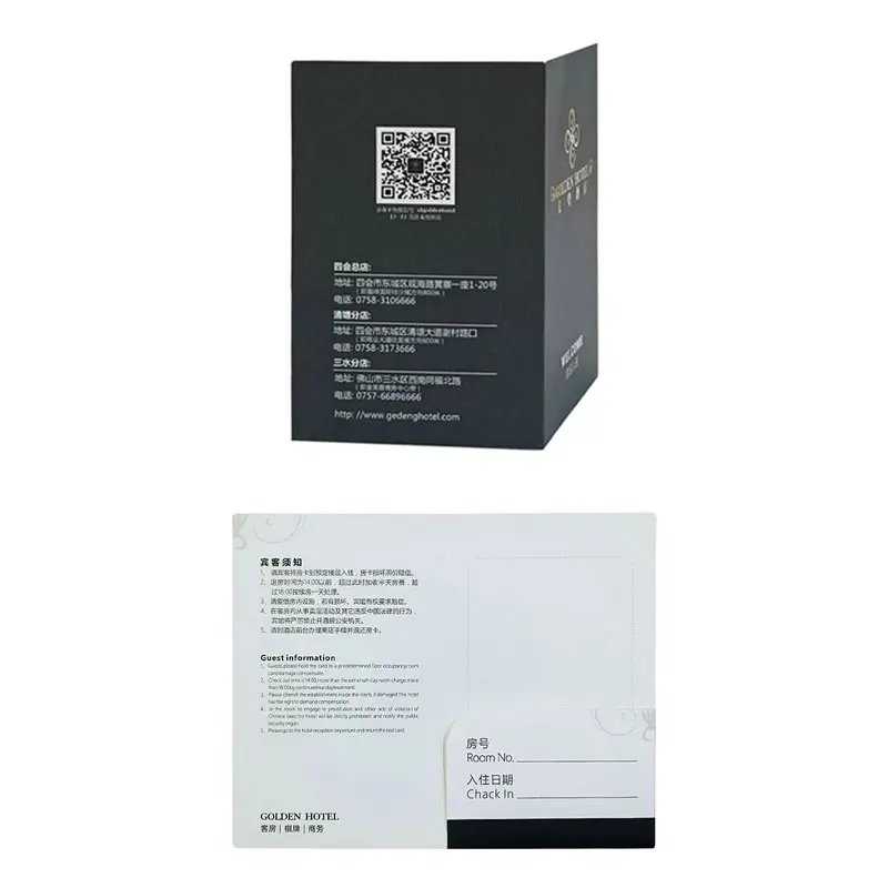 Custom print room card sleeve holder black white card cardboard printing Eco hotel room card sleeves amenities packaging