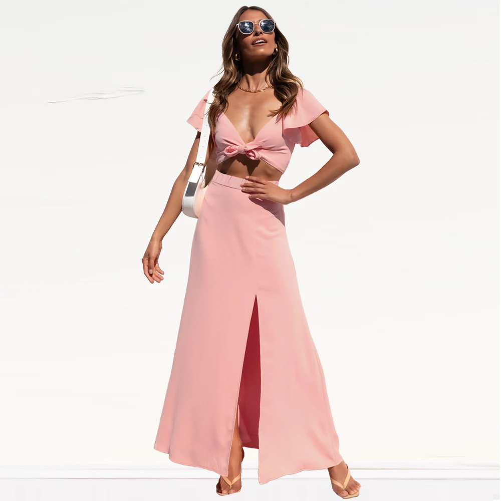 2022 spring and summer suits casual beach chiffon tops straight slit skirts fashionable new suits women dress