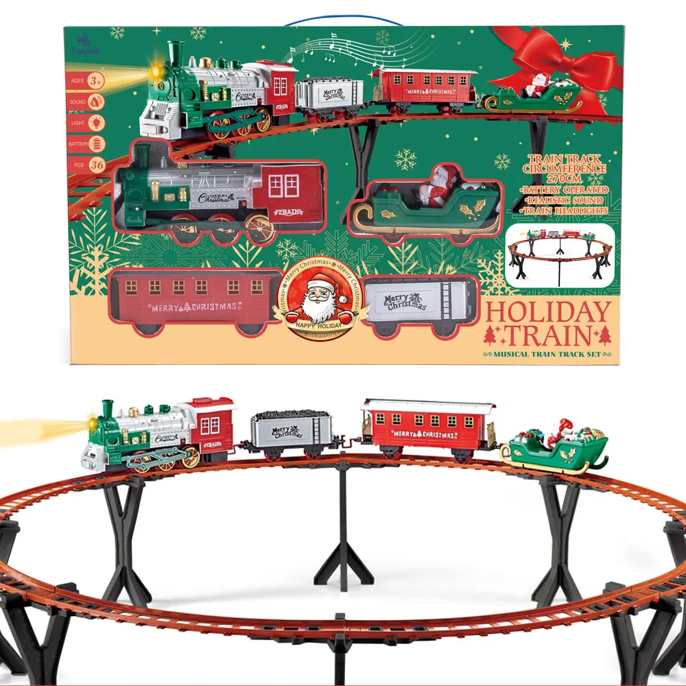 Battery Cars Christmas Slot Sound Lights Train Around Tree Cargo Plastic Toy Train Tracks For Boys Girls Gifts