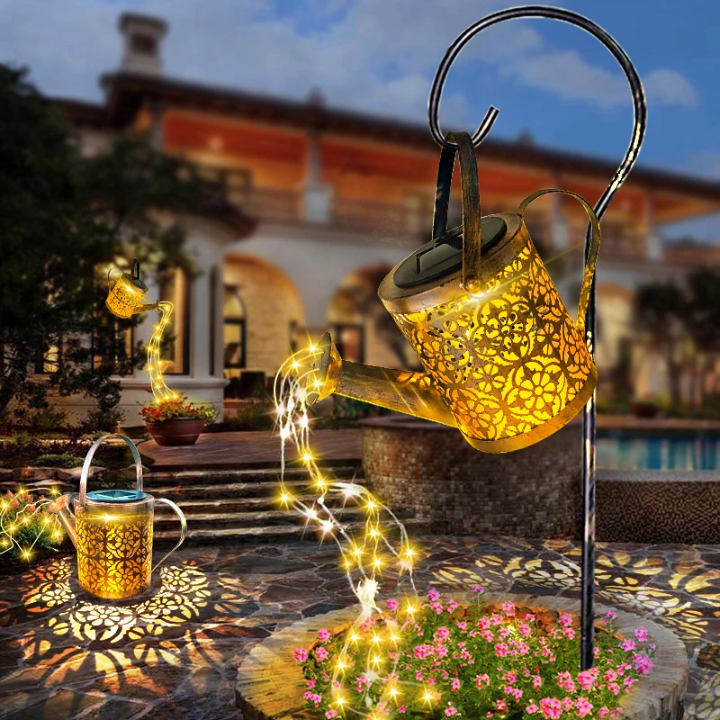Kettle Art Lamp Waterproof IP65 with Installed Light String Outdoor Solar Powered Waterproof Decorative Solar Garden Lights