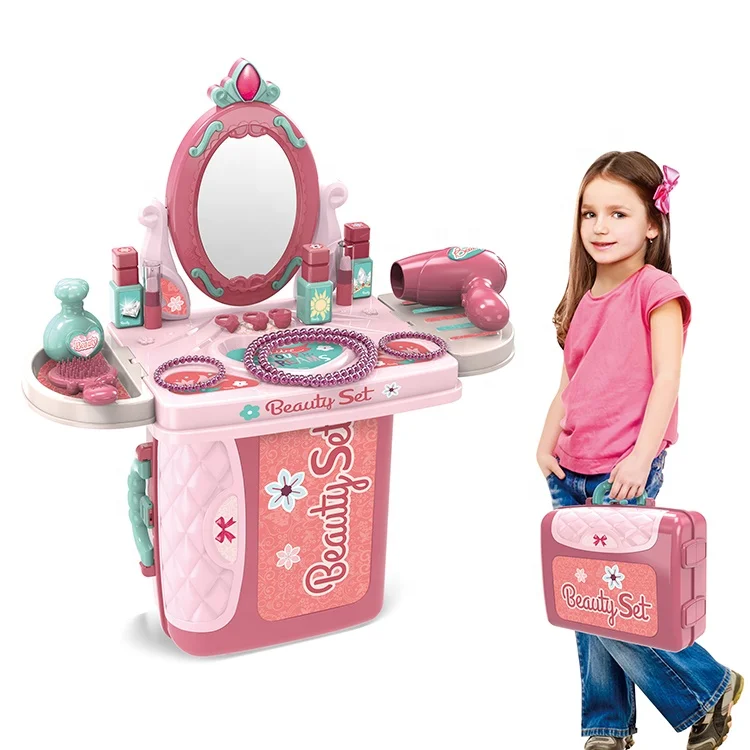 
Plastic Pretend Play Mirror Dresser Table For Girls Kids Suitcase Makeup Toys Set 