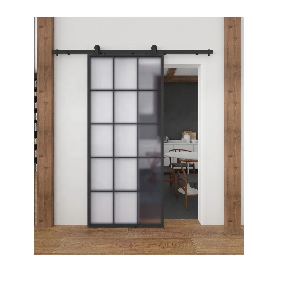 8ft Heavy Duty Barn Door Hardware Internal Double Sliding Doors Entry Doors Matt Black Frame + Clear Glass or Wooden Panel Steel
