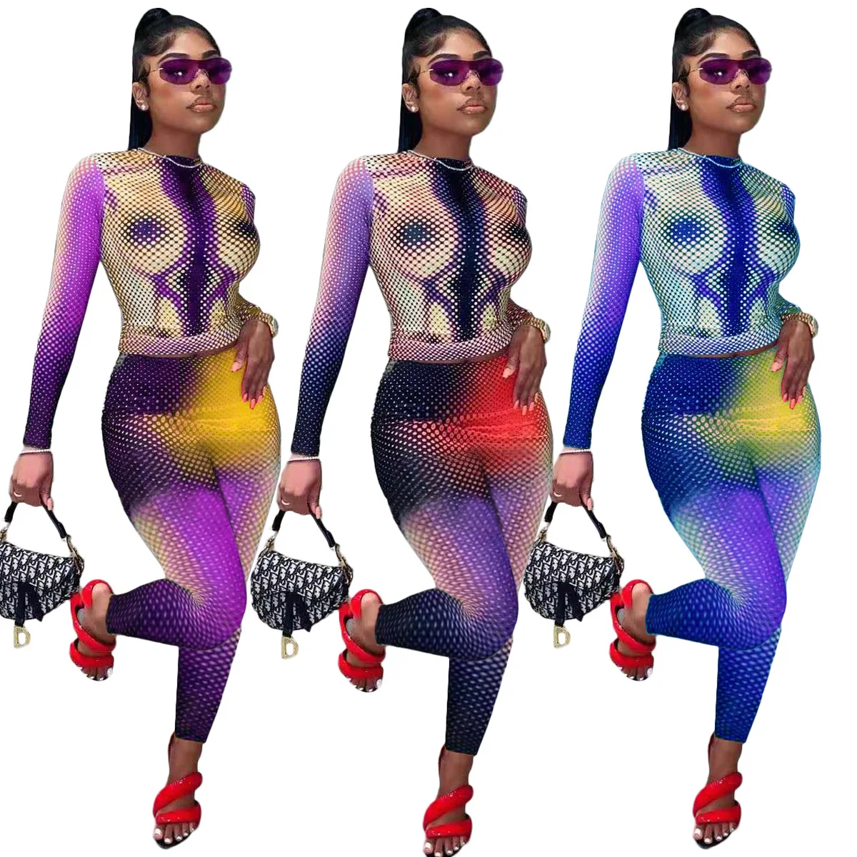 Sexy Tie Dye Two Piece Set Long Sleeve Crop Top Pencil Pants Women Y2k Clothing 2 Piece Set Leggings Matching Sets
