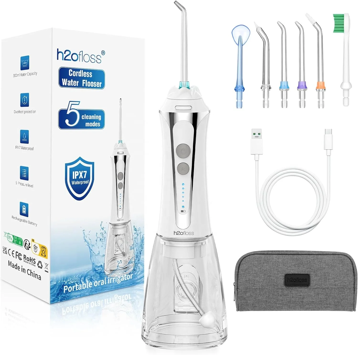 H2ofloss Portable 300ml Electric Water Jet Flosser IPX7 Waterproof Oral Irrigator OEM/ODM for Outdoor and Hotel Use