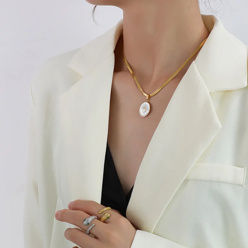 French Drip Oil Pendant Flat Snake Chain Octagonal Star Necklace, 18K Gold Plated Pendant Collarbone Snake Chain Necklace