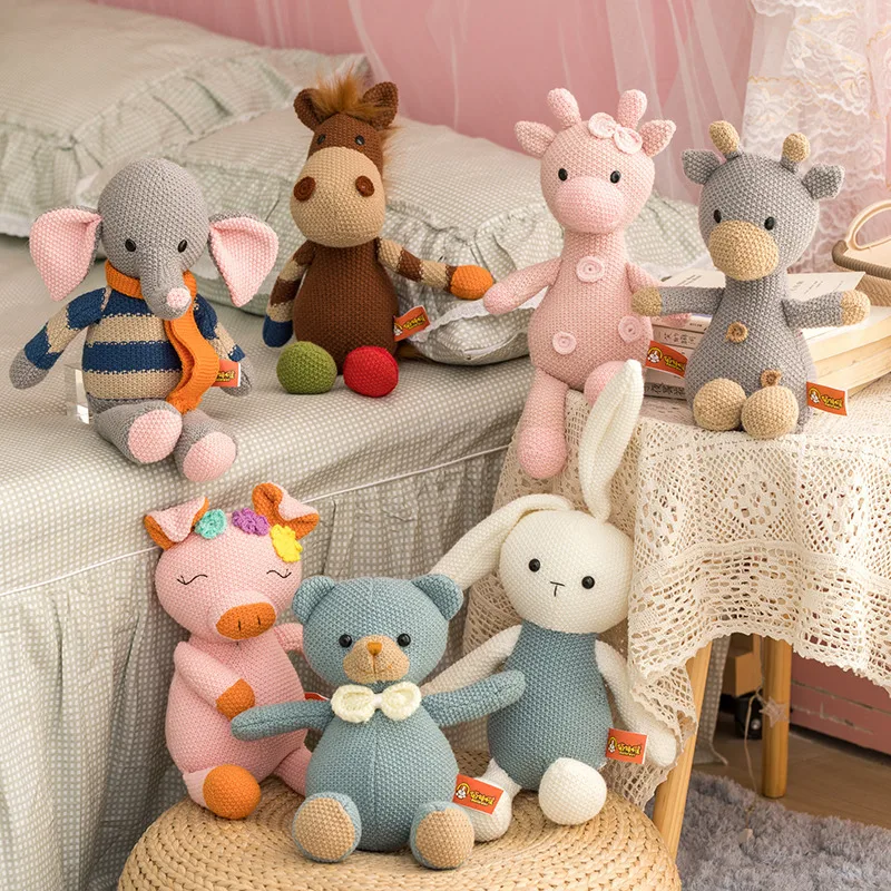 Wholesale Hand Knitted Toys Stuffed Rabbit Animal Toy Handmade Pig Deer Bear Donkey Elephant Bunny Crochet Toy Sleeping Dolls