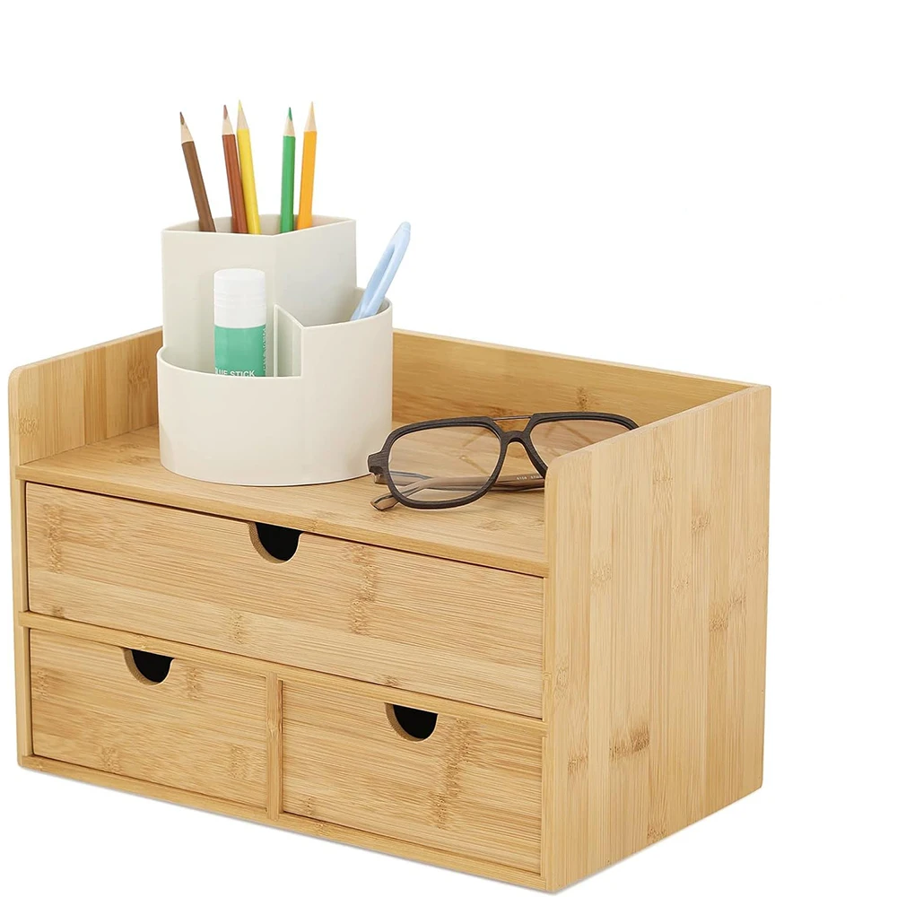 Bamboo Desk Organizer, Mini Desktop Drawer Tabletop Storage Organization Box for Office Home Toiletries Supplies Vanity