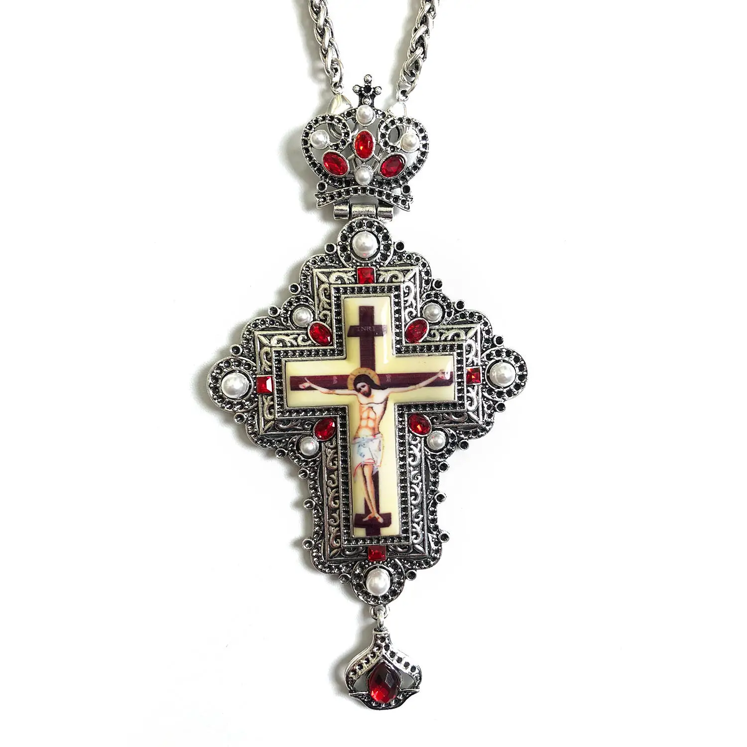 Russian Orthodox Priest Pendant Jewelry with Pearl Crown Gunmetal Red Stones Religious Pectoral Church Cross Necklace
