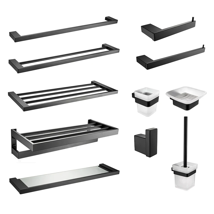 Whole Bathroom Accessory Set, Stainless Steel Black Wall Mount Square 11-Piece Bath Collection Set