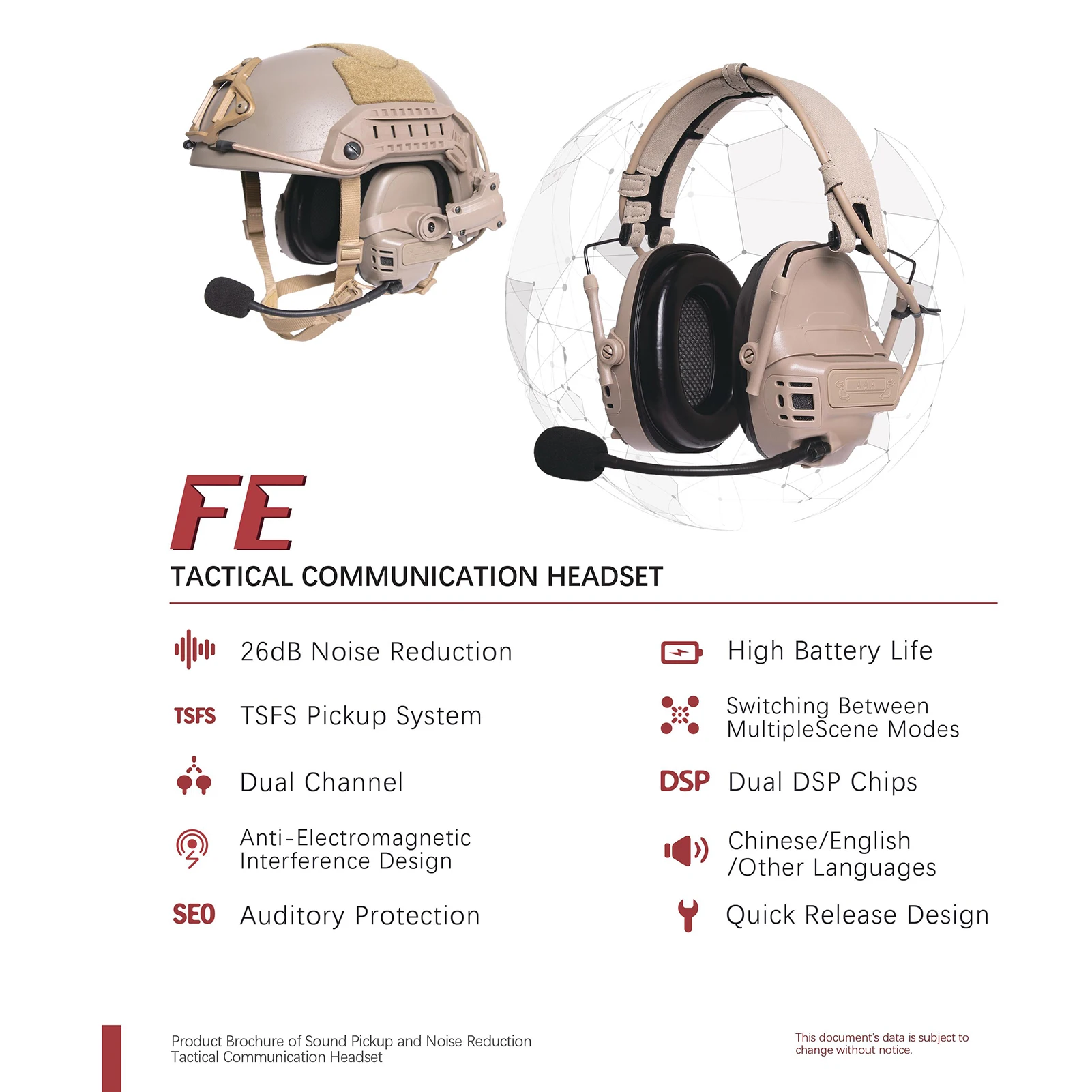 Tactical Noise Reduction Headphones FCS Headset Sound Pickup Falcon Ears FE30 FE40 Pro Version Black TAN FG Color