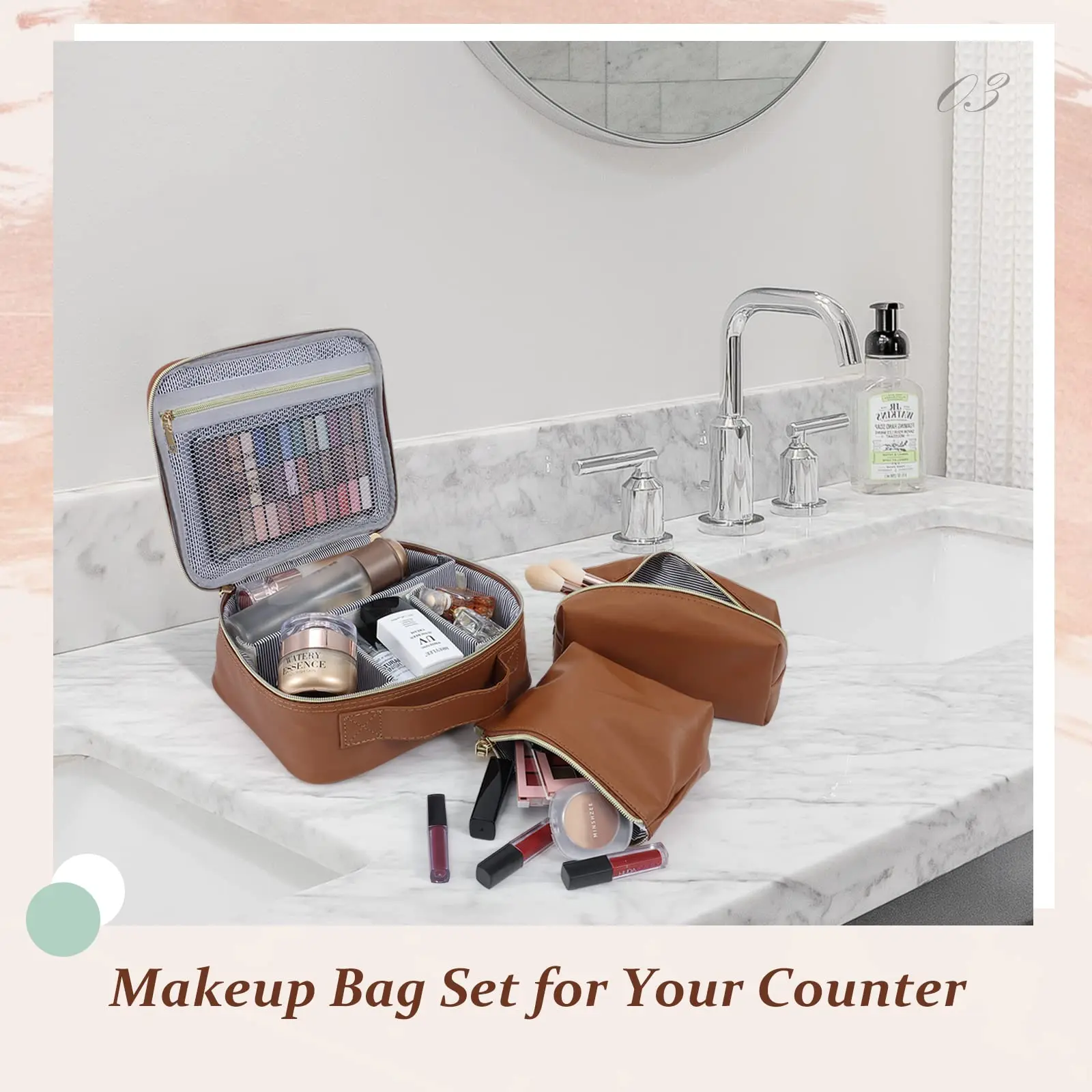 PU Leather Brown Makeup Bag Set Make up Bag Organizer Large 3Pcs Cosmetic Bag Sets for Travel