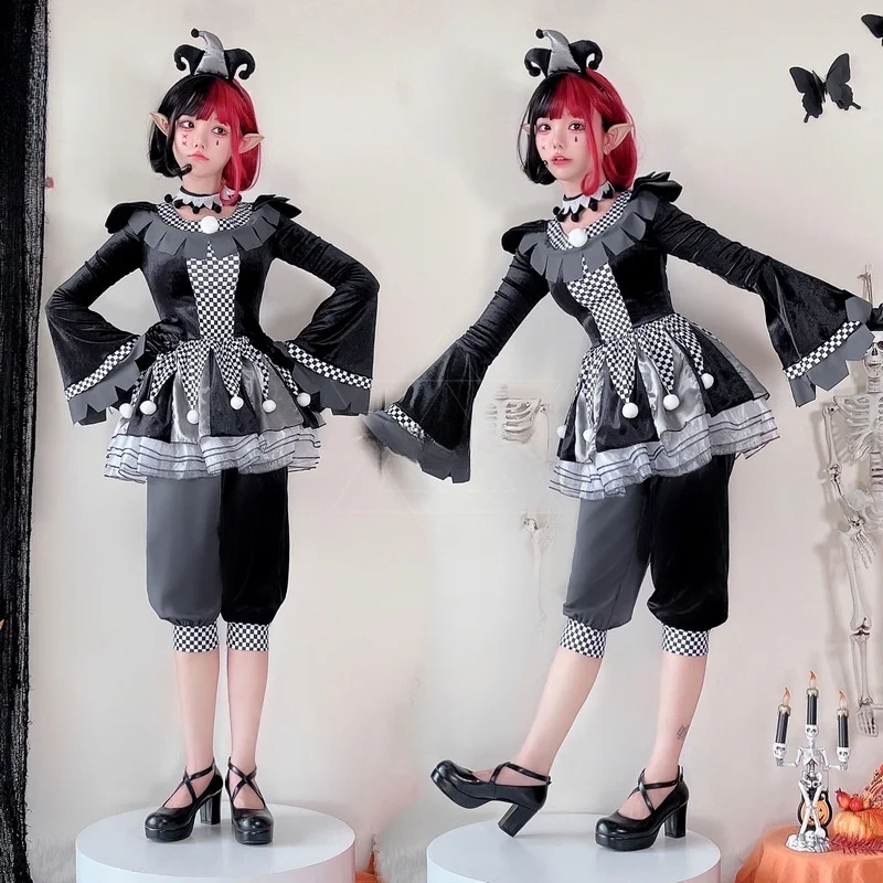 Halloween adult male and female couples costume clown suit cosplay black and white broken soul clown performance costume.