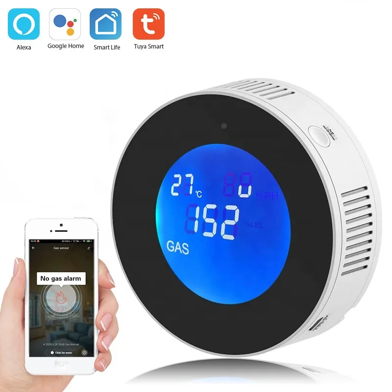 Tuya WiFi Smart Natural Gas Leakage Detector Alarm Monitor Digital LCD Temperature Display Gas Sensor for Home Kitchen