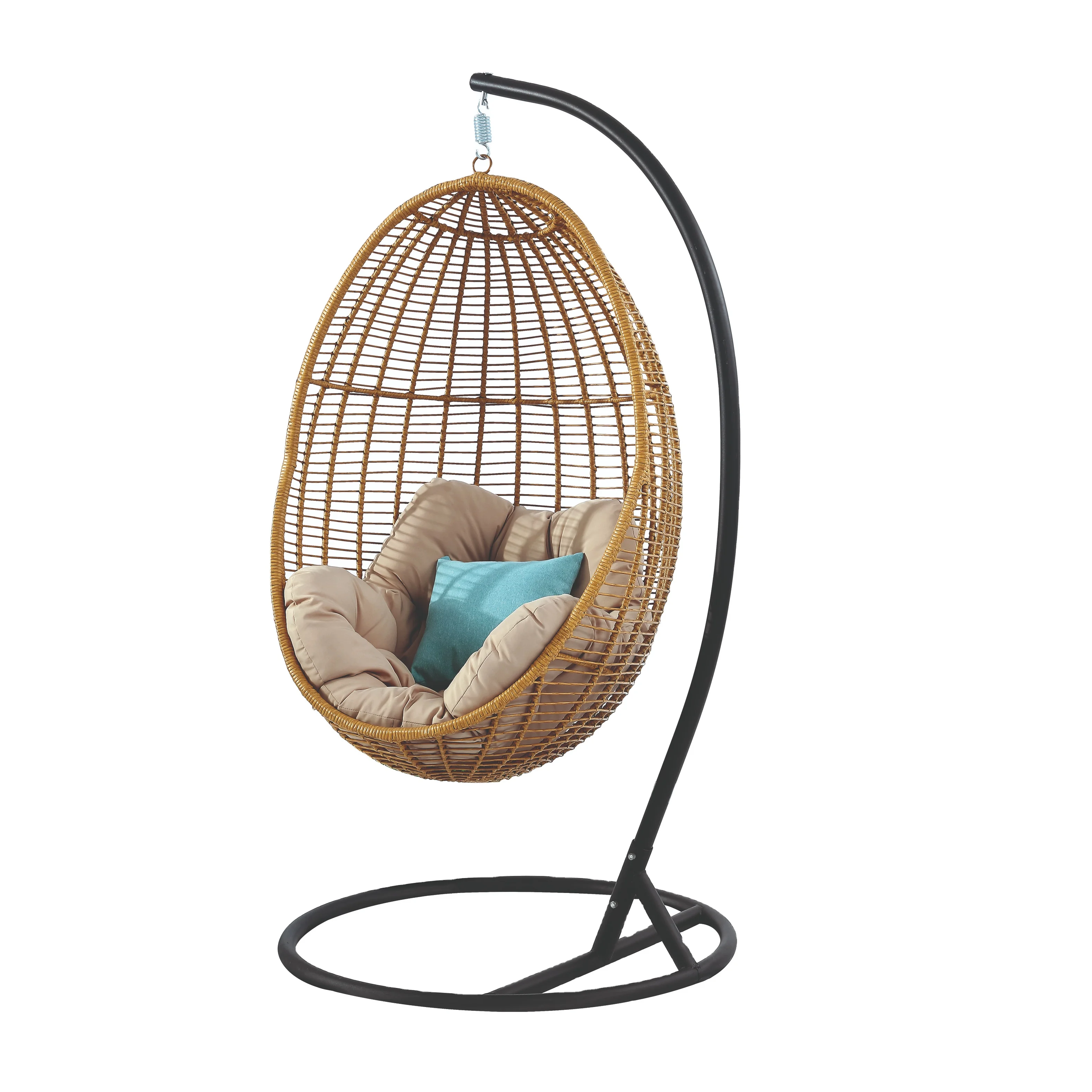Plastic PE rattan gold leg frame iron metal Basket cushion seat egg Hanging chair patio swing two seats