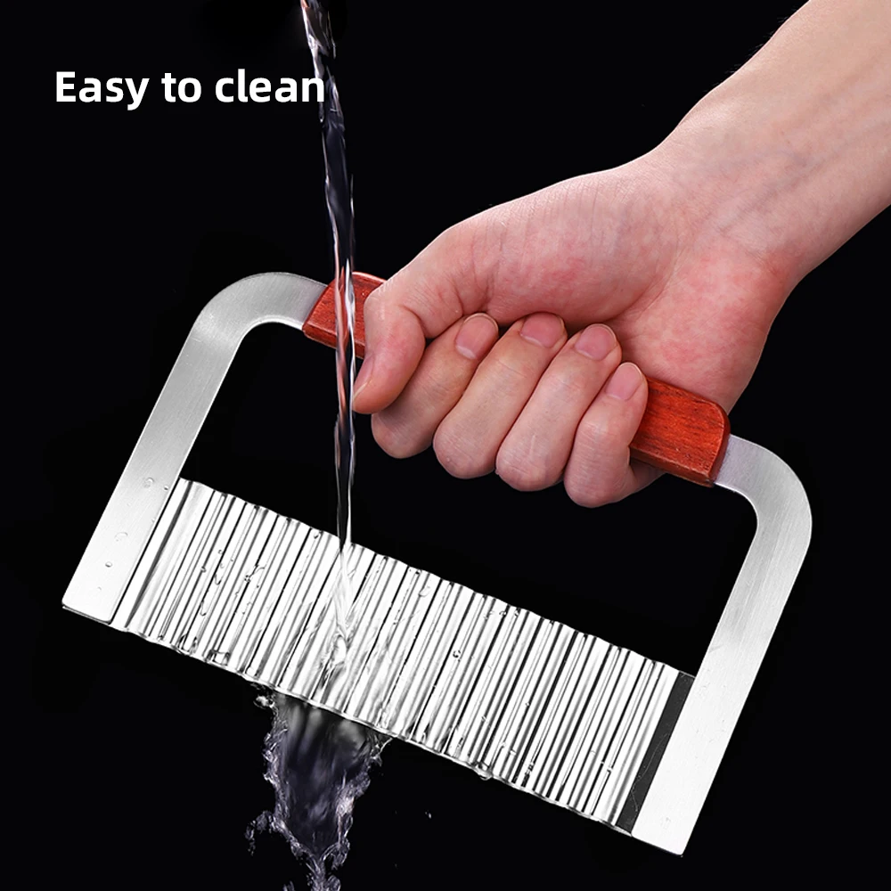 Kitchen multifunctional wood handle manual stainless steel wave vegetable fruit strip chip crinkle french fry potato cutter