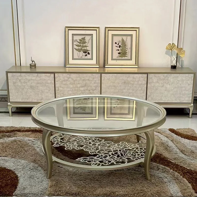 MR Modern Solid Wood Round Center Table Living Room Coffee Table Tempered Glass Top Stainless Steel Hollow Tea Table