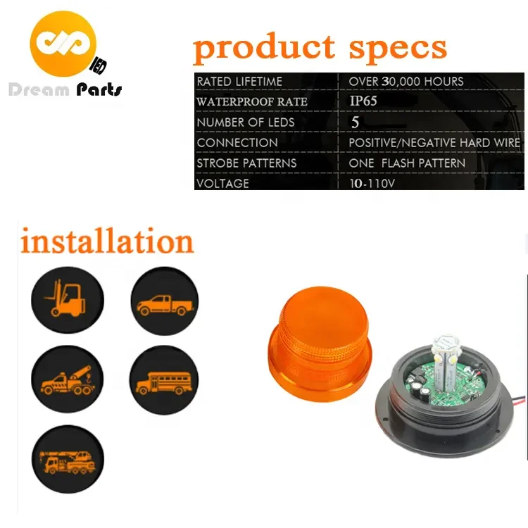 10-110V DC Forklift Warning Light 5W Amber Flashing Plastic LED Beacon Flasher Waterproof Rotating LED Beacon Light for Cars