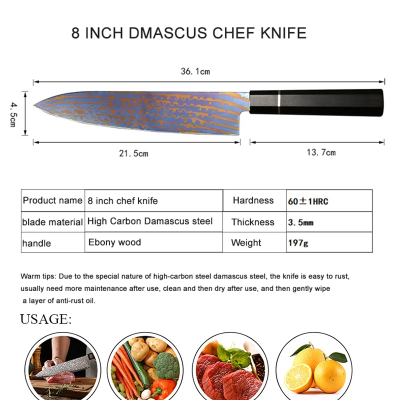 Octagonal Wooden Handle 8 inch Blue Razor Sharp High Carbon Damascus Steel Knife Chef Knife AUS10 Japanese Gyuto Knife