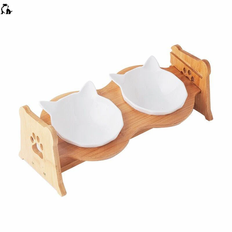HANDOU Adjustable Wooden Elevated Dog Bowl Wooden Frame Adjustable Height Porcelain Ceramic Food Water Bowl For Dogs Cats Pets