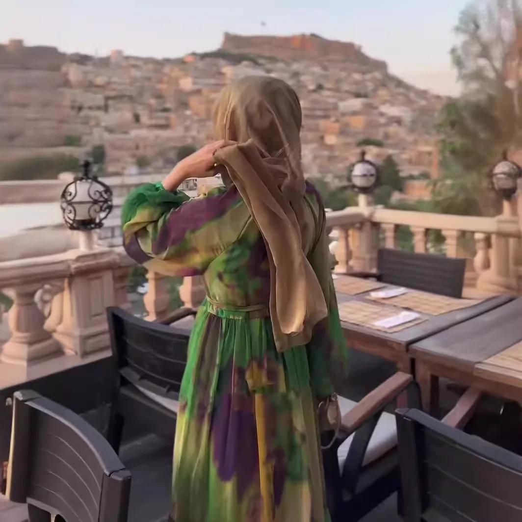 2024 Spring Summer New Chiffon Tie-Dye Printed Long Dress Plus Size Polyester ABaya for muslim women Breathable long dress