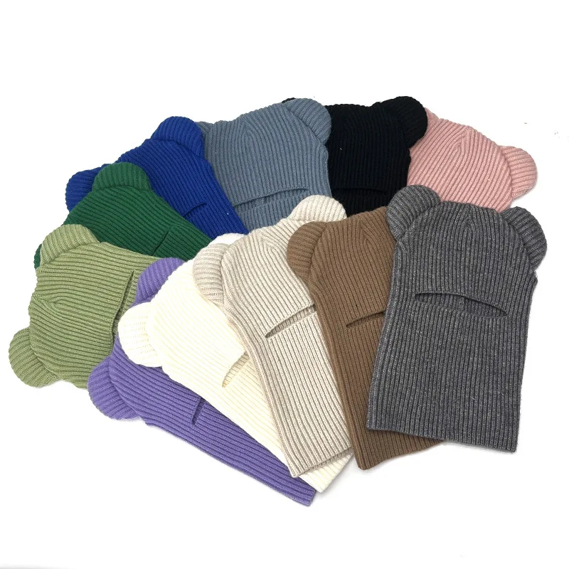 11 Colors Custom Winter Warm Thick Thermal Hood Cute Bear Ear Knitted Alpaca Wool Skull Beanie Balaclava Mask Hat With Bear Ear