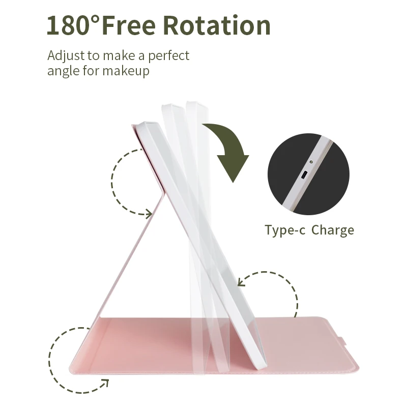 Wholesale ipad size foldable PU leather cover large makeup desktop vanity mirror with led light