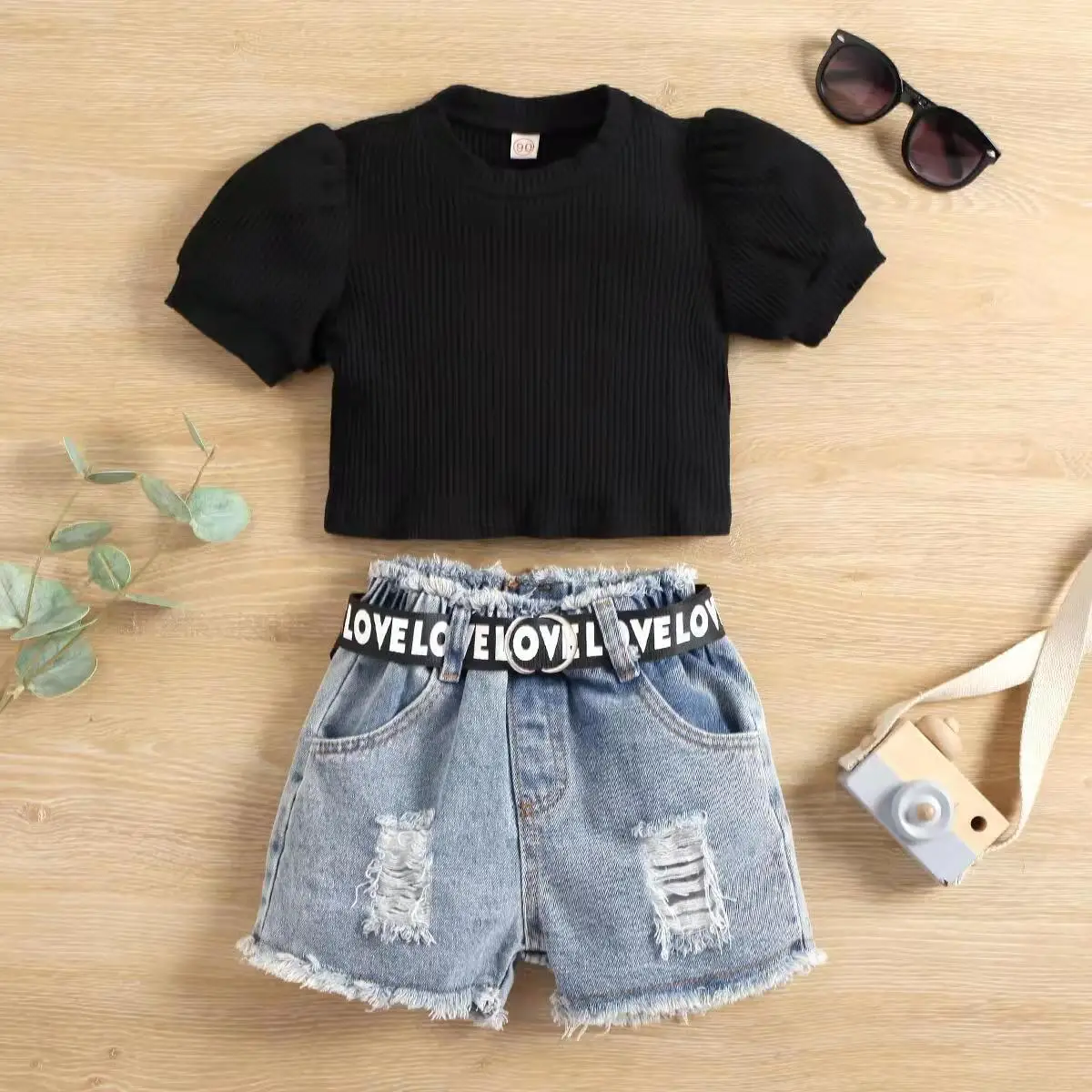 Wholesale ropa deportiva kids clothing cotton t-shirts and denim hole shorts 2 PCS kids girls clothes